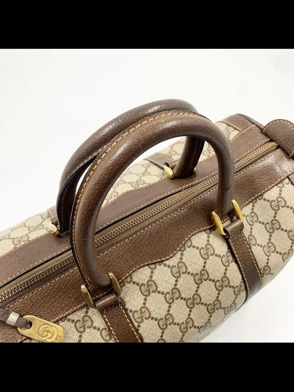 Gucci Brown & Beige GG Supreme Canvas Satchel with Leather Trim